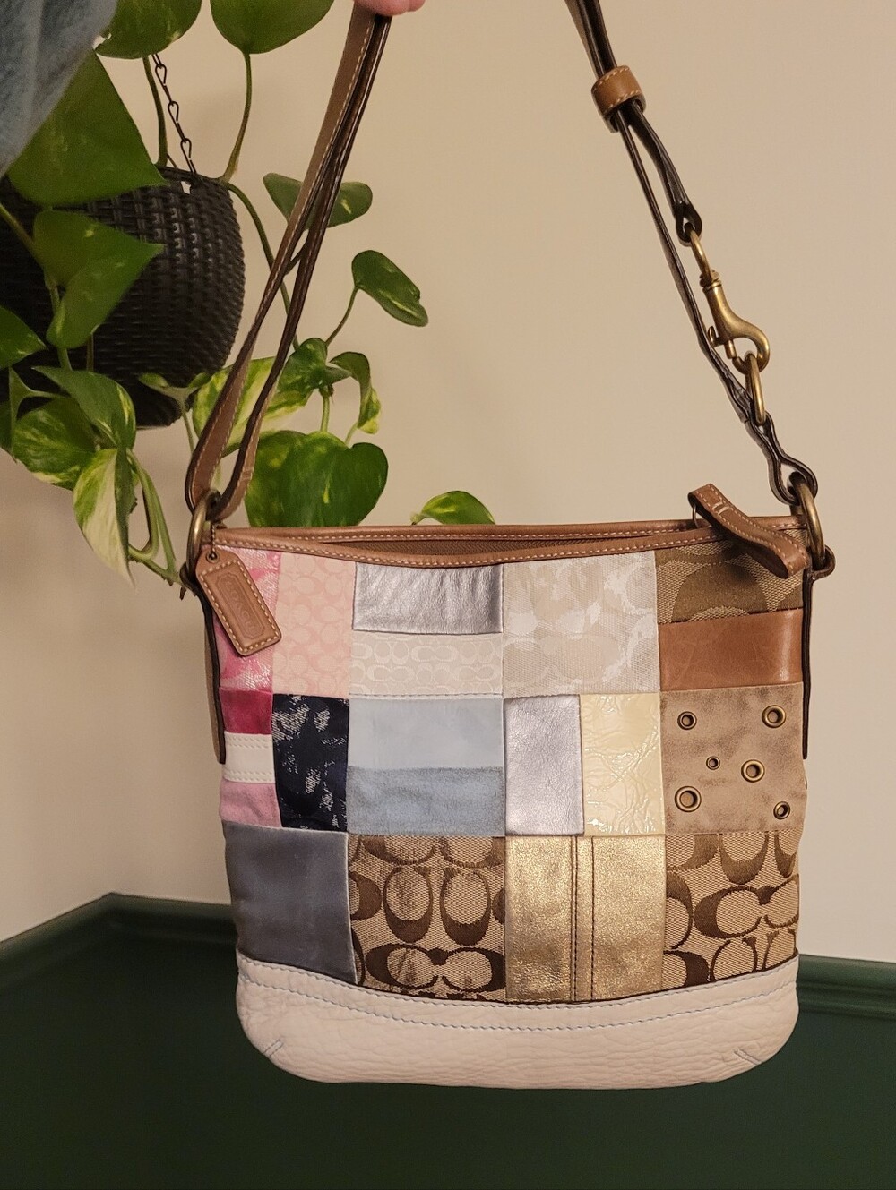 Coach Patchwork Shoulder Bag in Tan, Brown, Pink, Blue & Gold